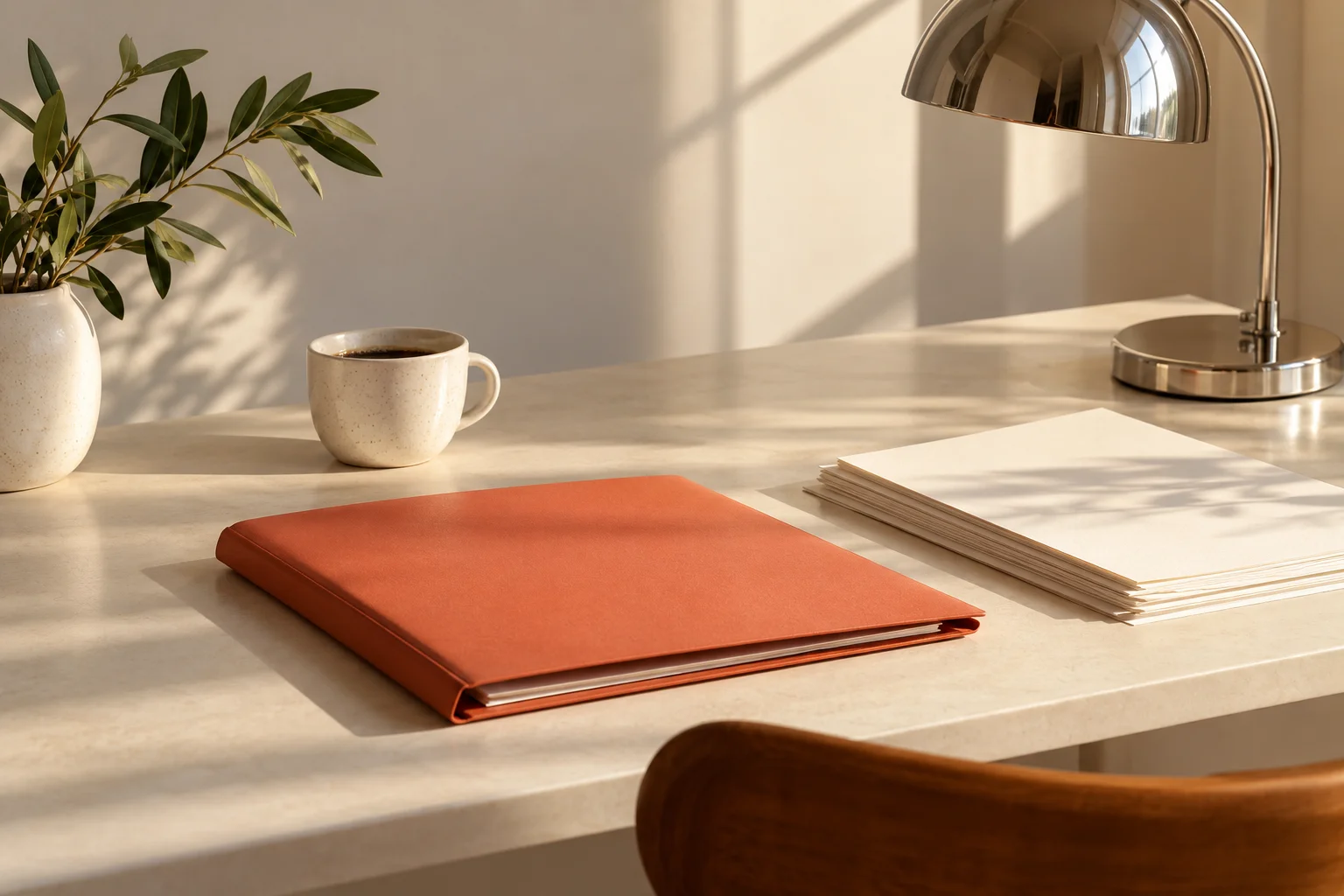 Ein aufgeräumter Schreibtisch mit korallfarbener Dokumentenmappe und einer Tasse Kaffee im Sonnenlicht